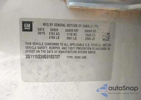 2016 Chevrolet Impala 2Lt z USA, uszkodzony, nr VIN 2G1115S39G9103707